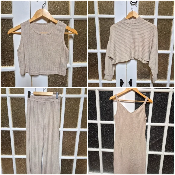 4 Pc Loungewear Beige Ribbed Knit Set 6 - Picture 1 of 12